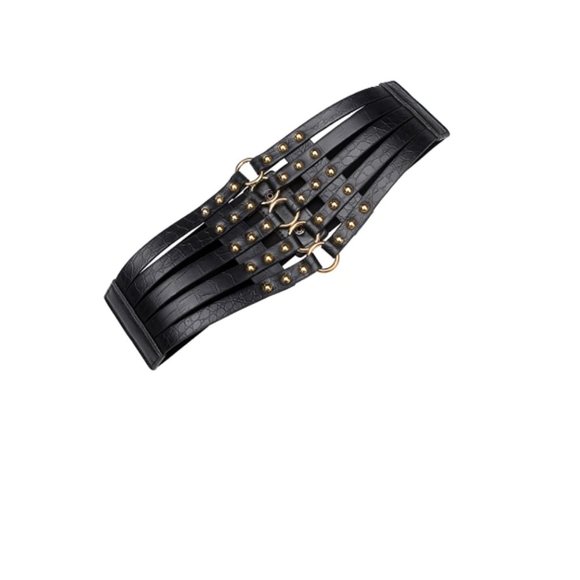 Womens Faux Leather 5 Metal Rings Wide Waist Belt